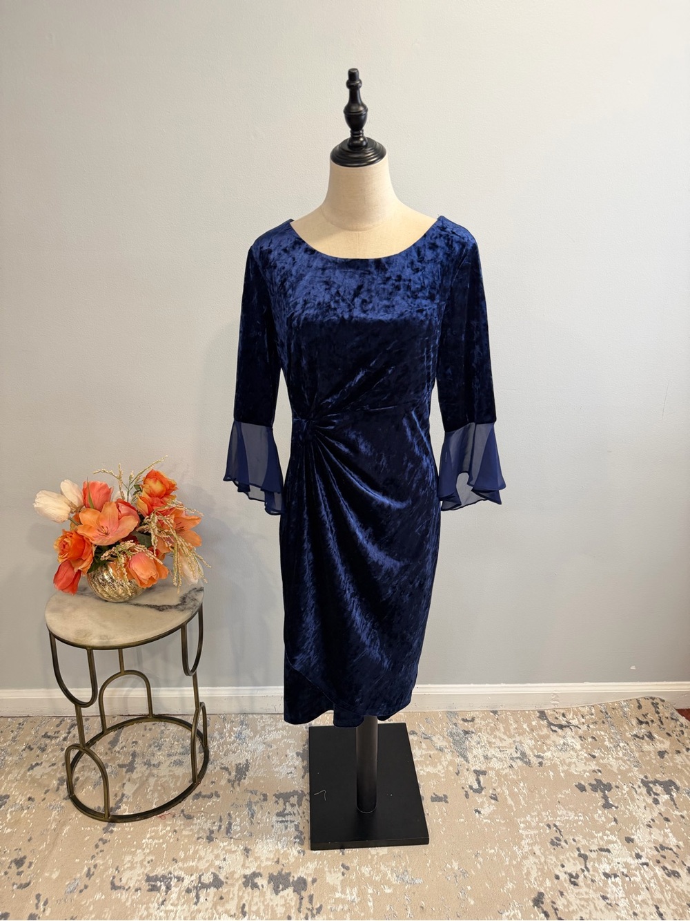 Connected Apparel Navy Velvet Midi Dress with Sheer Fluted Sleeves - Size 8